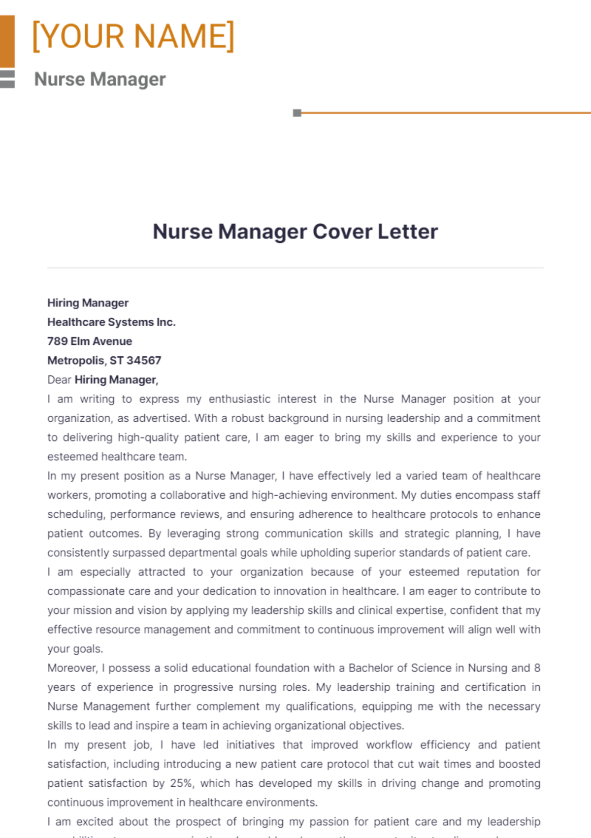 Nurse Manager Cover Letter - Edit Online & Download