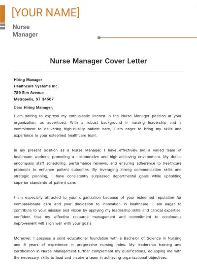 Free Nurse Manager Cover Letter to Edit Online