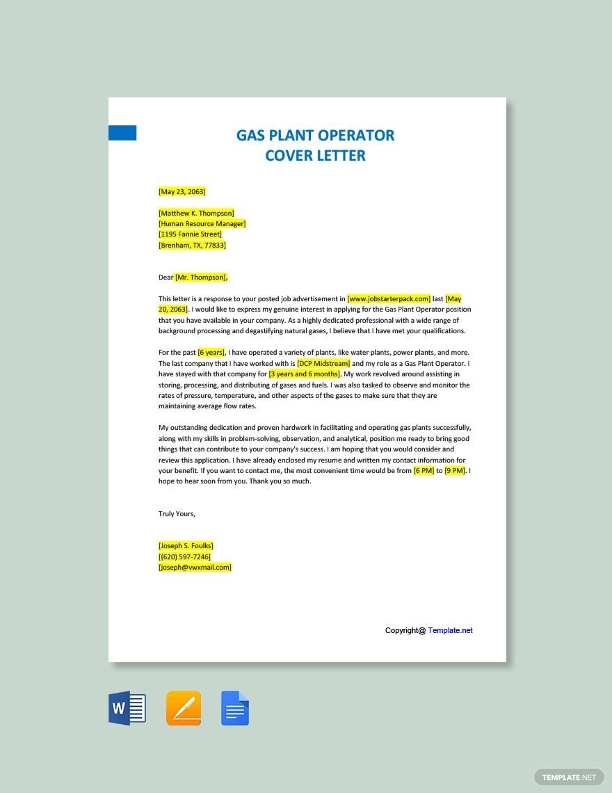 Gas Plant Operator Cover Letter