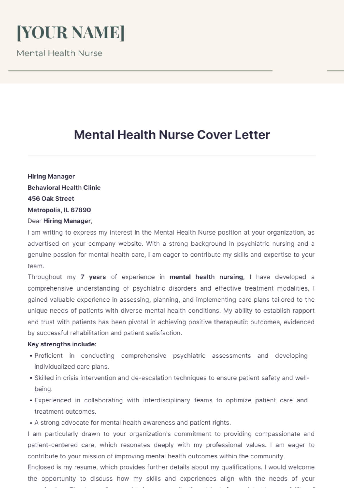 Mental Health Nurse Cover Letter - Edit Online & Download