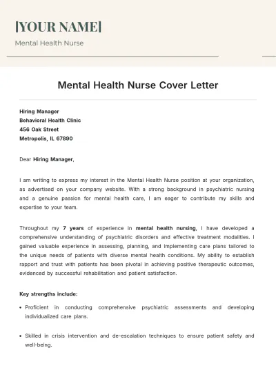 Free Mental Health Nurse Cover Letter to Edit Online
