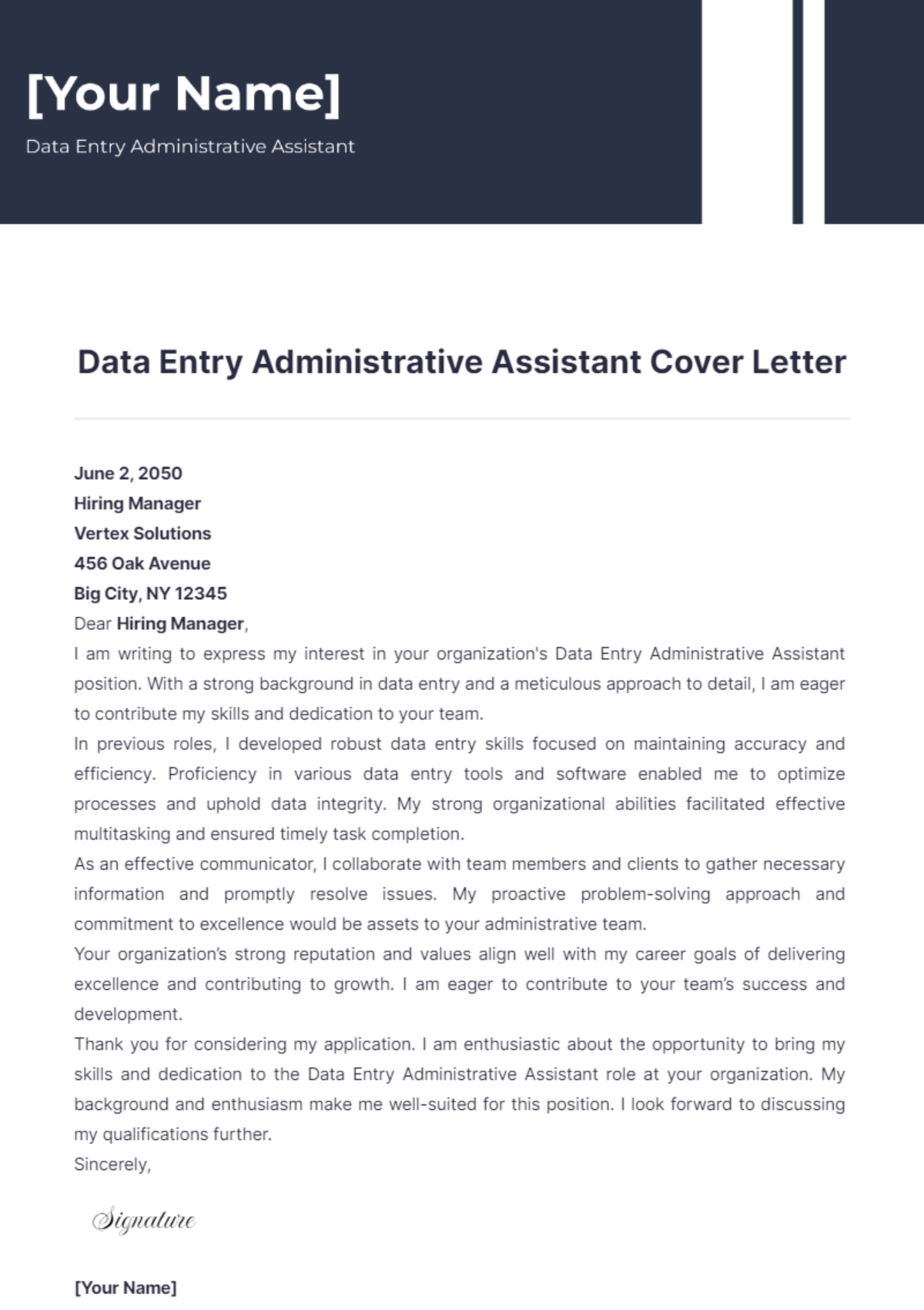 Data Entry Administrative Assistant Cover Letter - Edit Online & Download