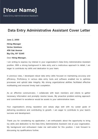 Free Data Entry Administrative Assistant Cover Letter to Edit Online