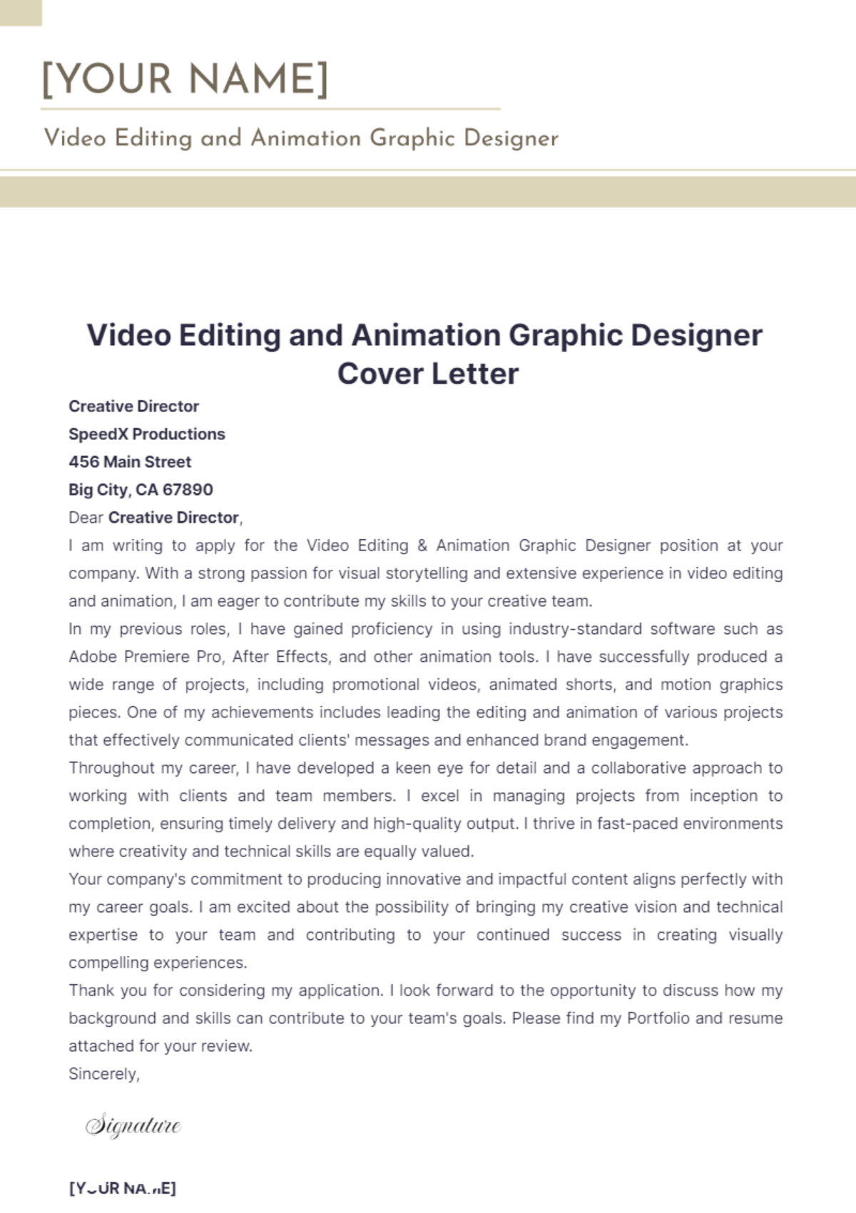 Video Editing & Animation Graphic Designer Cover Letter - Edit Online & Download