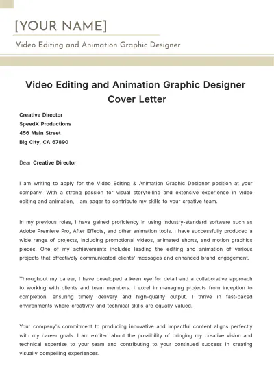 Free Video Editing & Animation Graphic Designer Cover Letter to Edit Online