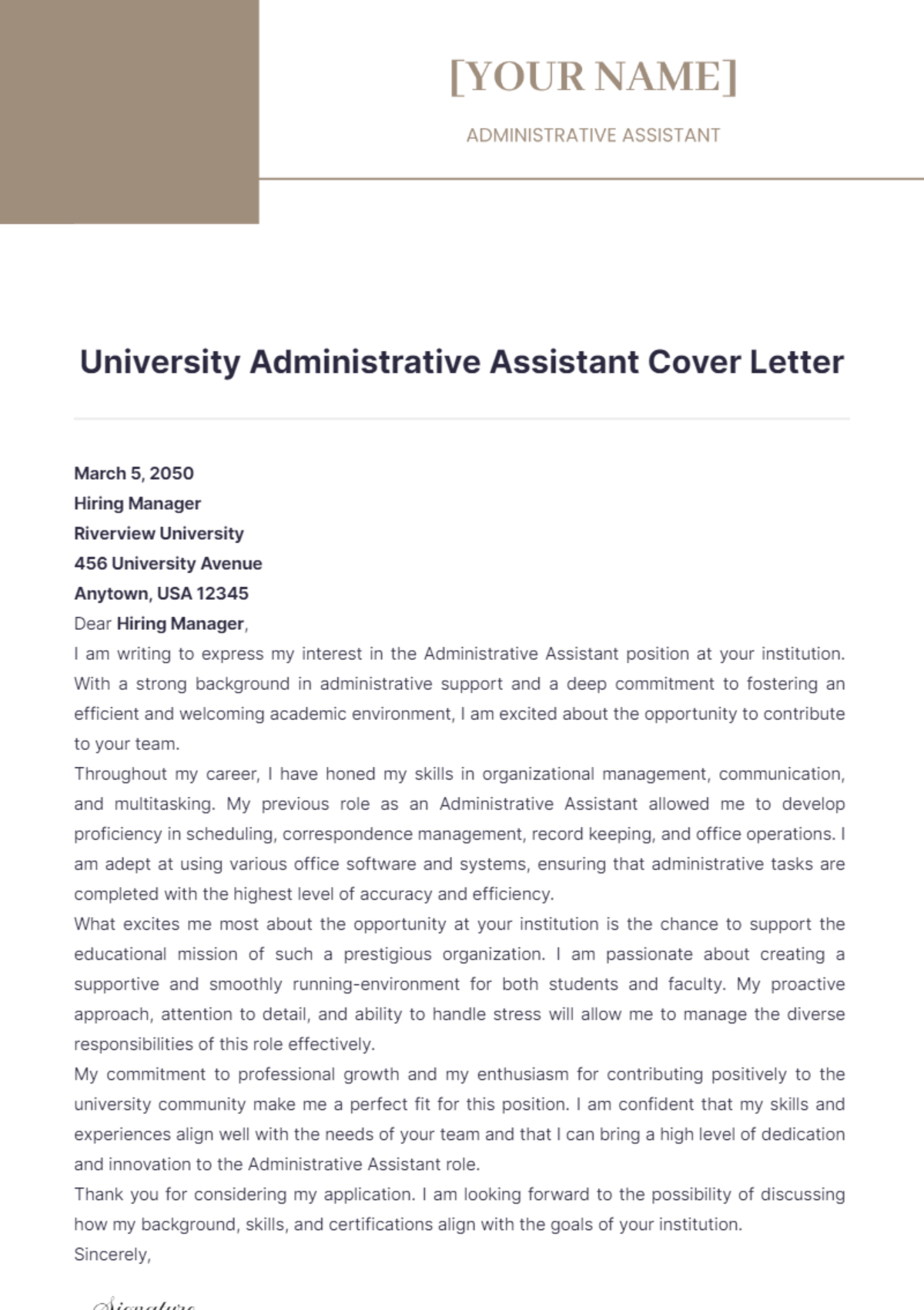 University Administrative Assistant Cover Letter - Edit Online & Download