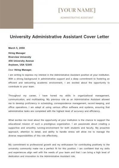 Free University Administrative Assistant Cover Letter to Edit Online