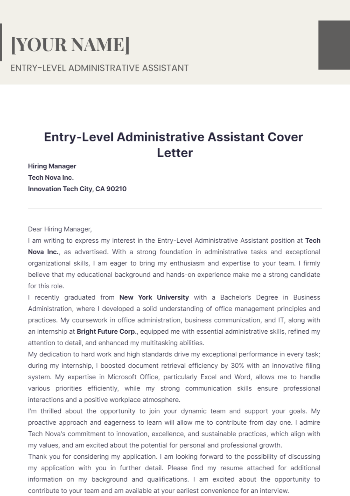 Entry-Level Administrative Assistant Cover Letter