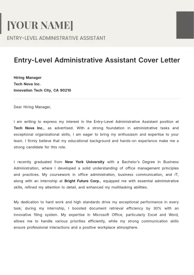 Free Entry-Level Administrative Assistant Cover Letter to Edit Online