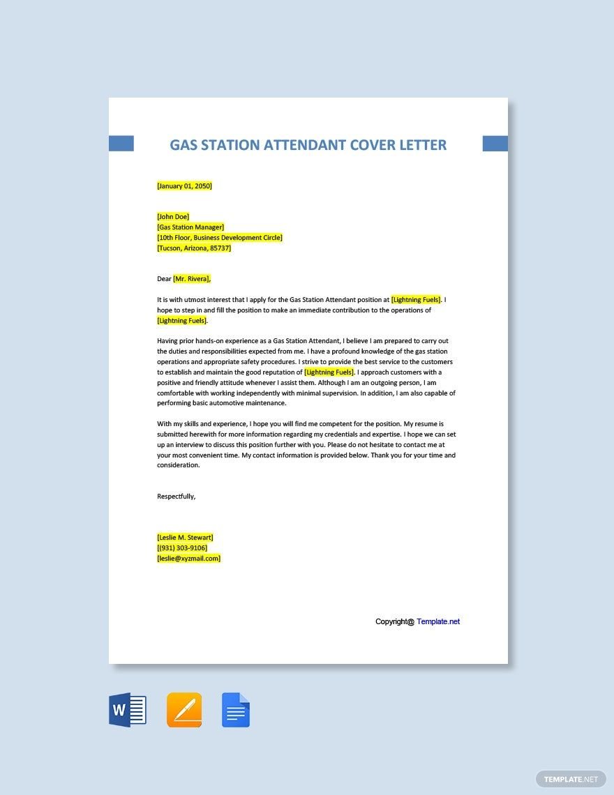 Gas Station Attendant Cover Letter Template