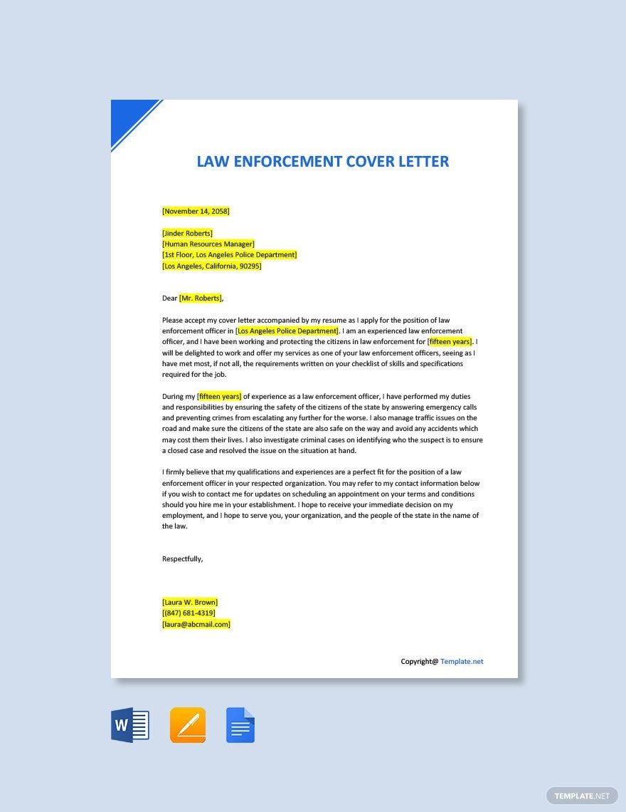 Law Enforcement Cover Letter Template in Word, Google Docs, PDF, Apple Pages