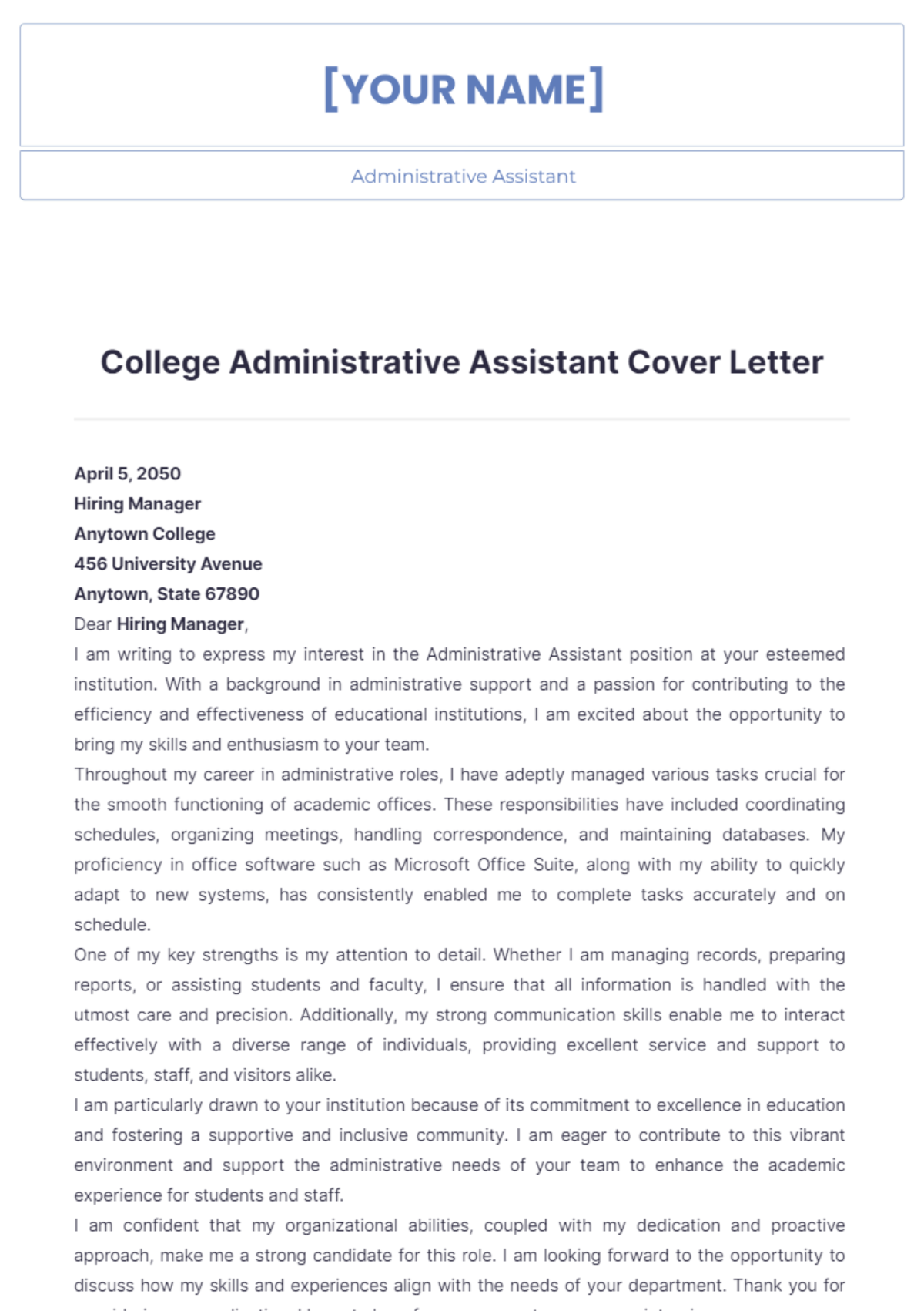 College Administrative Assistant Cover Letter - Edit Online & Download