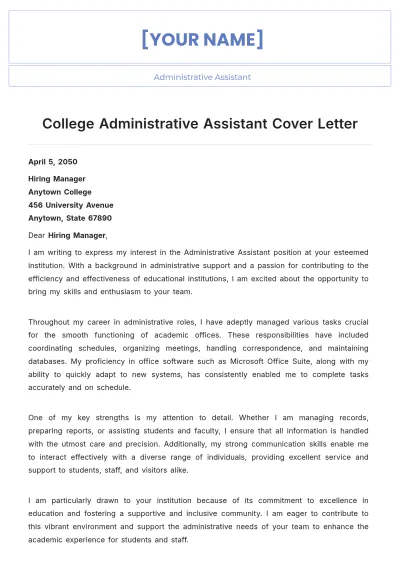 Free College Administrative Assistant Cover Letter to Edit Online