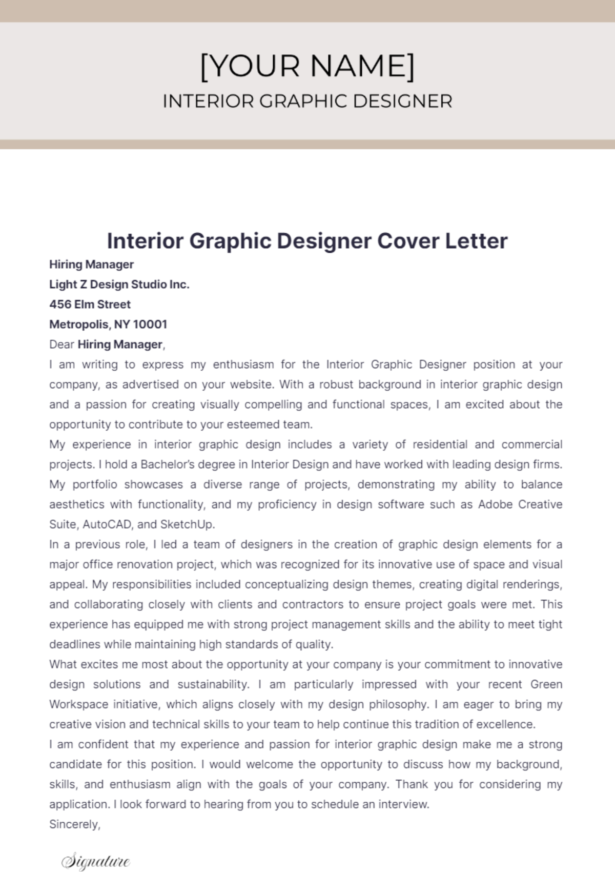 Interior Graphic Designer Cover Letter - Edit Online & Download