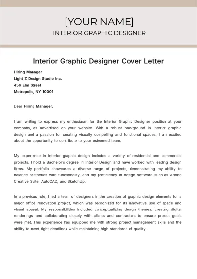 Free Interior Graphic Designer Cover Letter to Edit Online