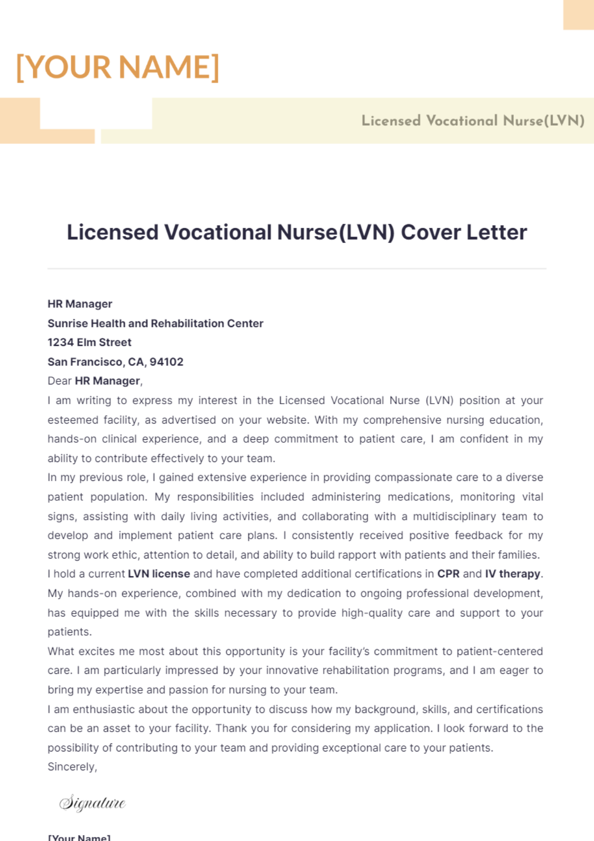 Licensed Vocational Nurse (LVN) Cover Letter - Edit Online & Download