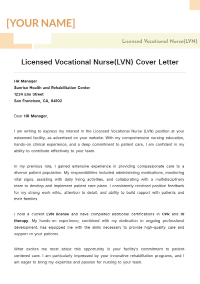Free Licensed Vocational Nurse (LVN) Cover Letter to Edit Online