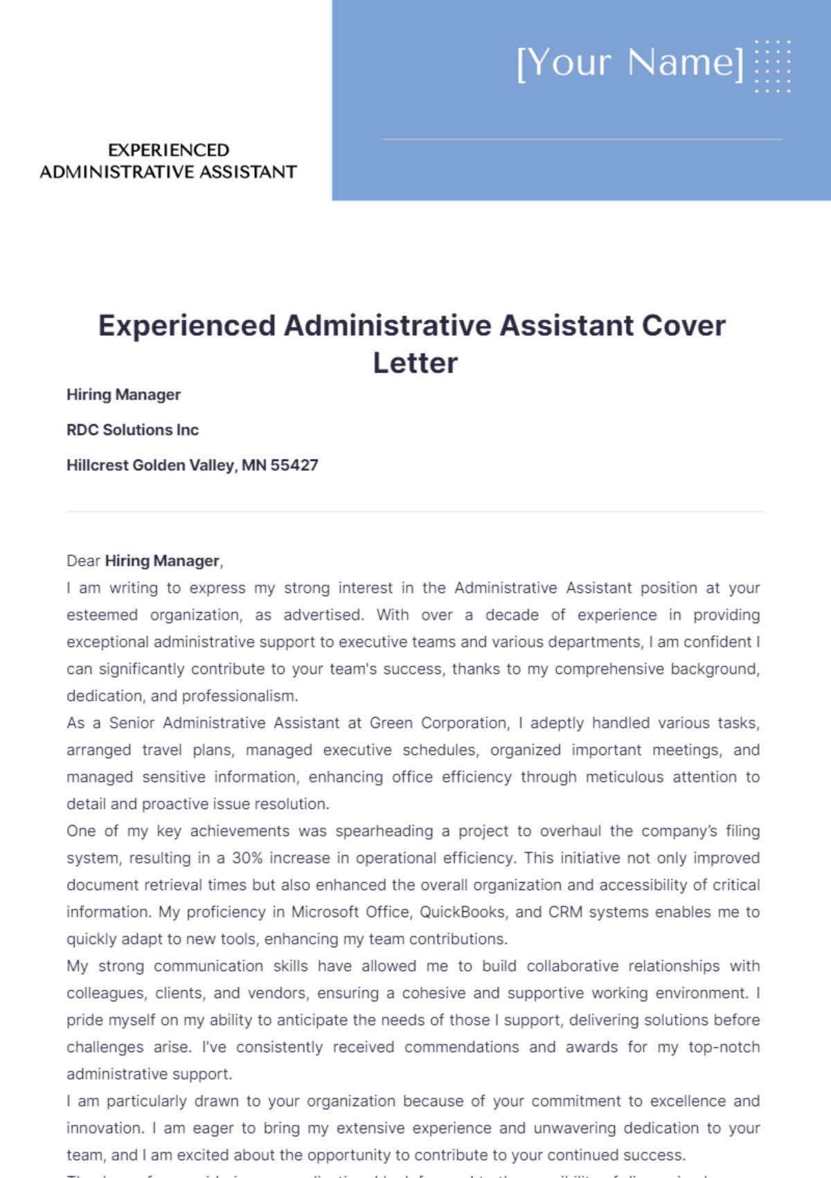 Experienced Administrative Assistant Cover Letter