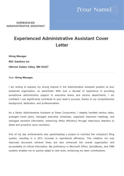 Free Experienced Administrative Assistant Cover Letter to Edit Online