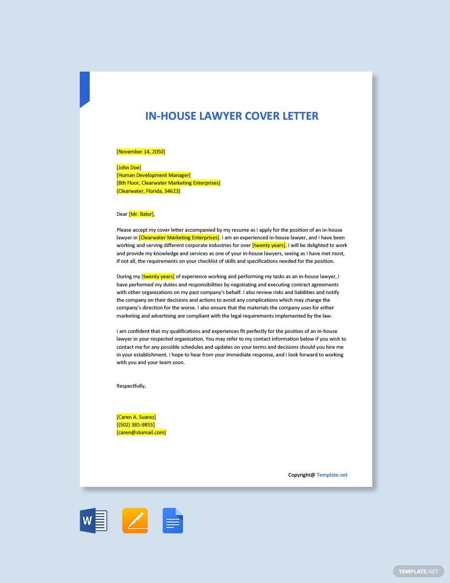 Free In-House Lawyer Cover Letter Template