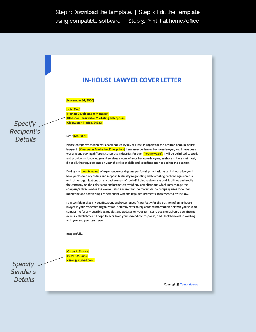 In-House Lawyer Cover Letter Template