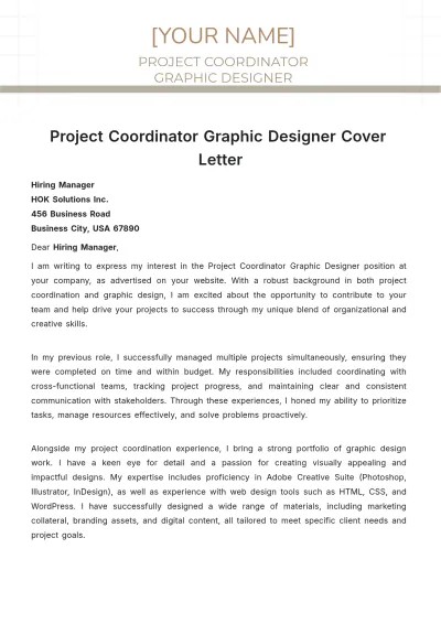 Free Project Coordinator Graphic Designer Cover Letter to Edit Online