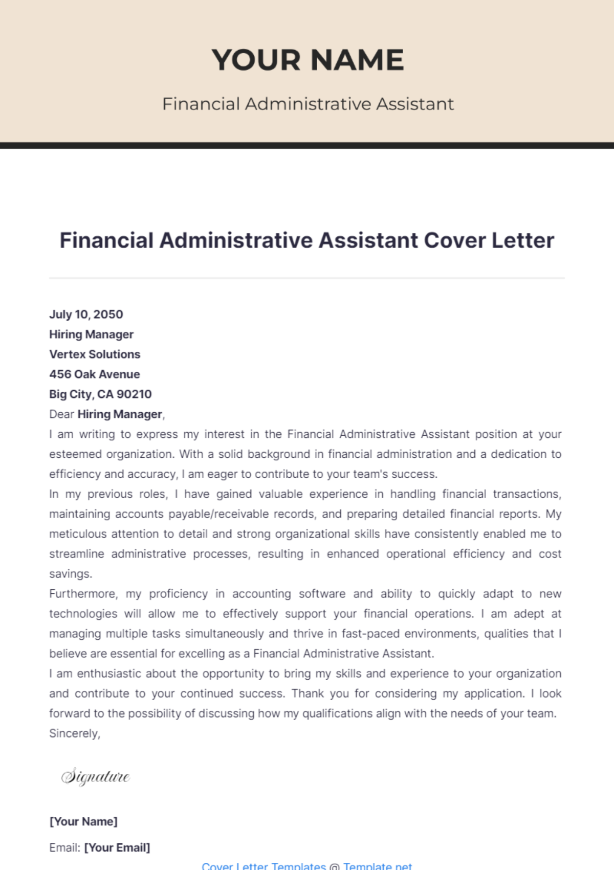 Financial Administrative Assistant Cover Letter - Edit Online & Download