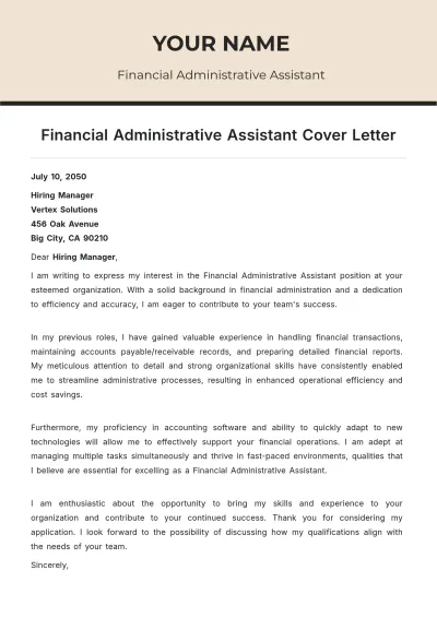 Free Financial Administrative Assistant Cover Letter to Edit Online