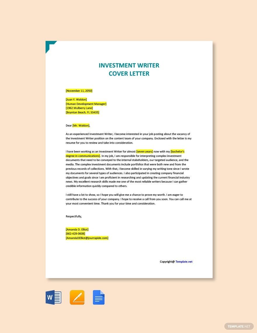 Investment Writer Cover Letter