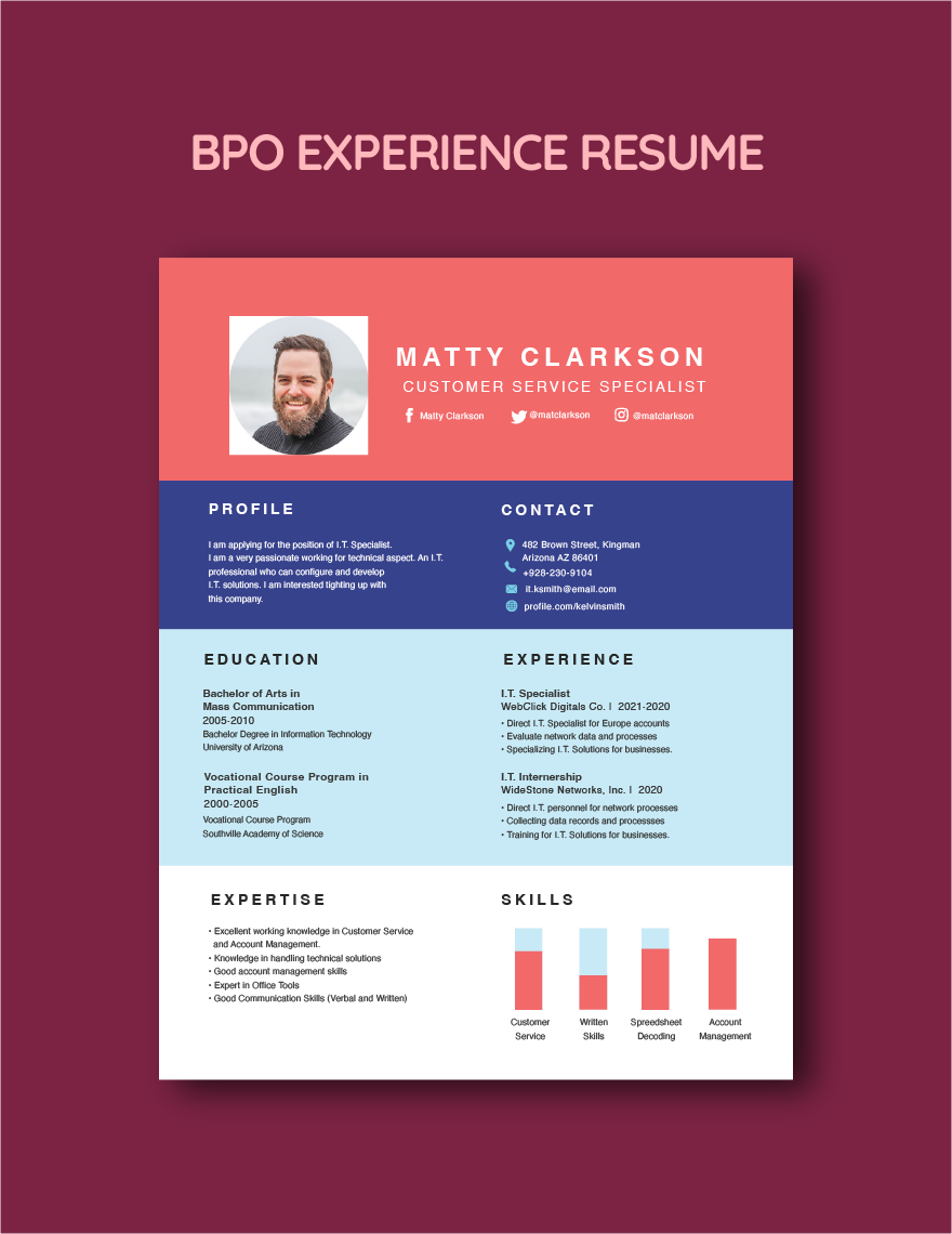 BPO Experience Resume in Word, PSD, Apple Pages, Publisher, InDesign