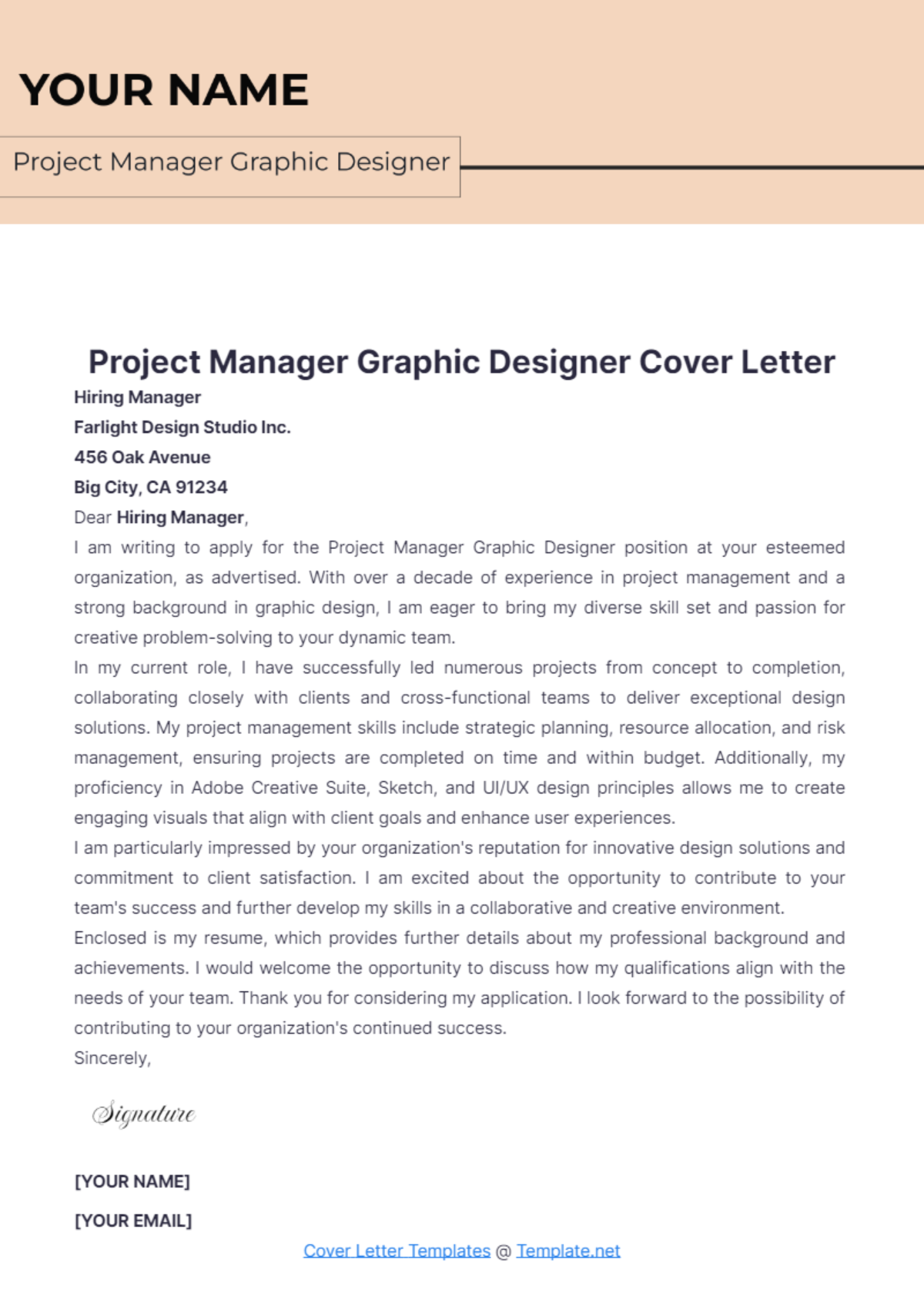 Project Manager Graphic Designer Cover Letter - Edit Online & Download