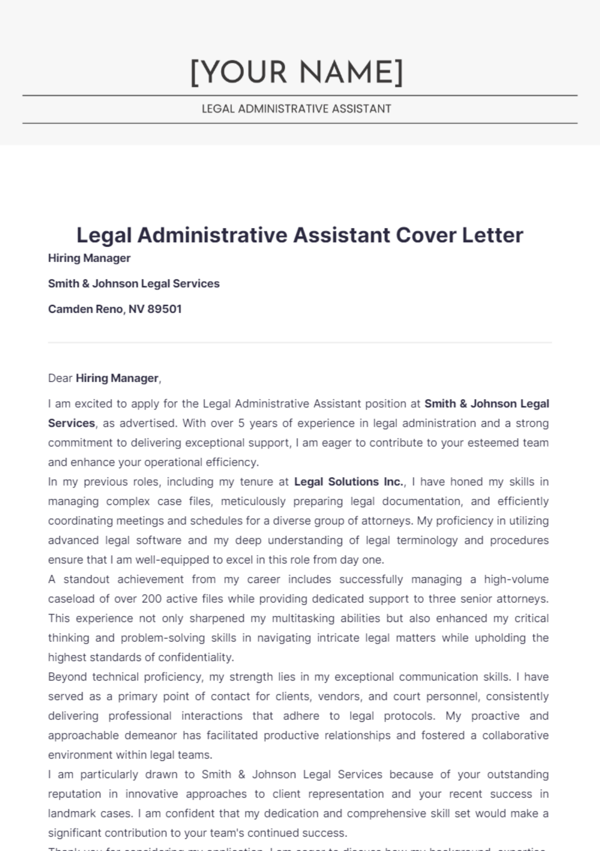 Legal Administrative Assistant Cover Letter