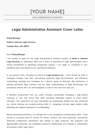 Free Legal Administrative Assistant Cover Letter to Edit Online