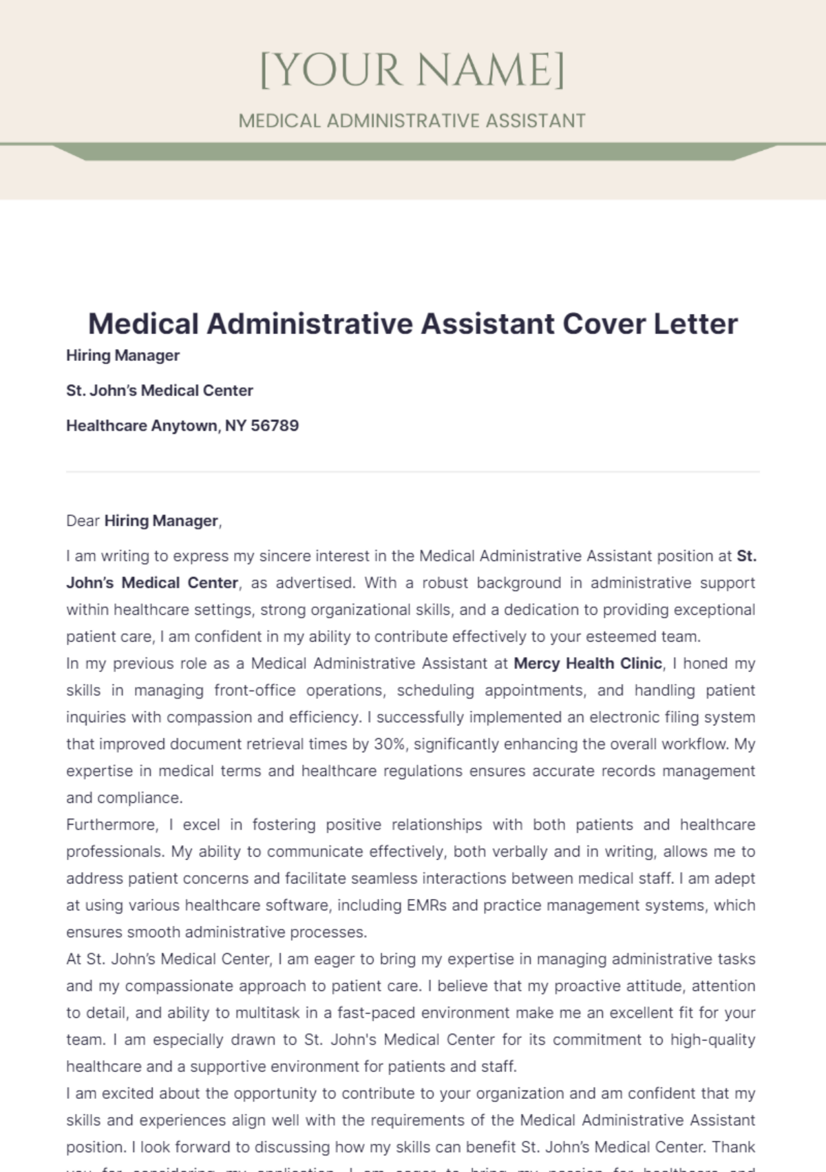 Medical Administrative Assistant Cover Letter