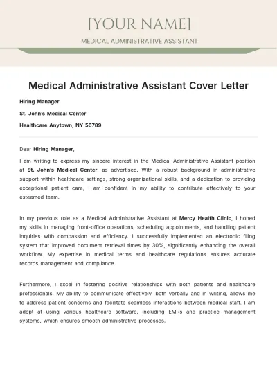 Free Medical Administrative Assistant Cover Letter to Edit Online
