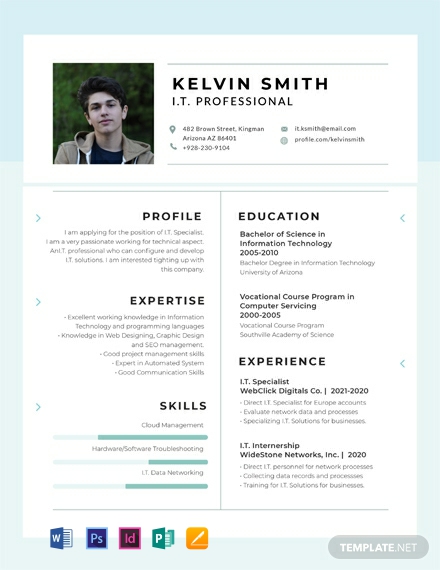 IT Professional Experience Resume Template - InDesign, Word, Apple Pages, PSD, Publisher