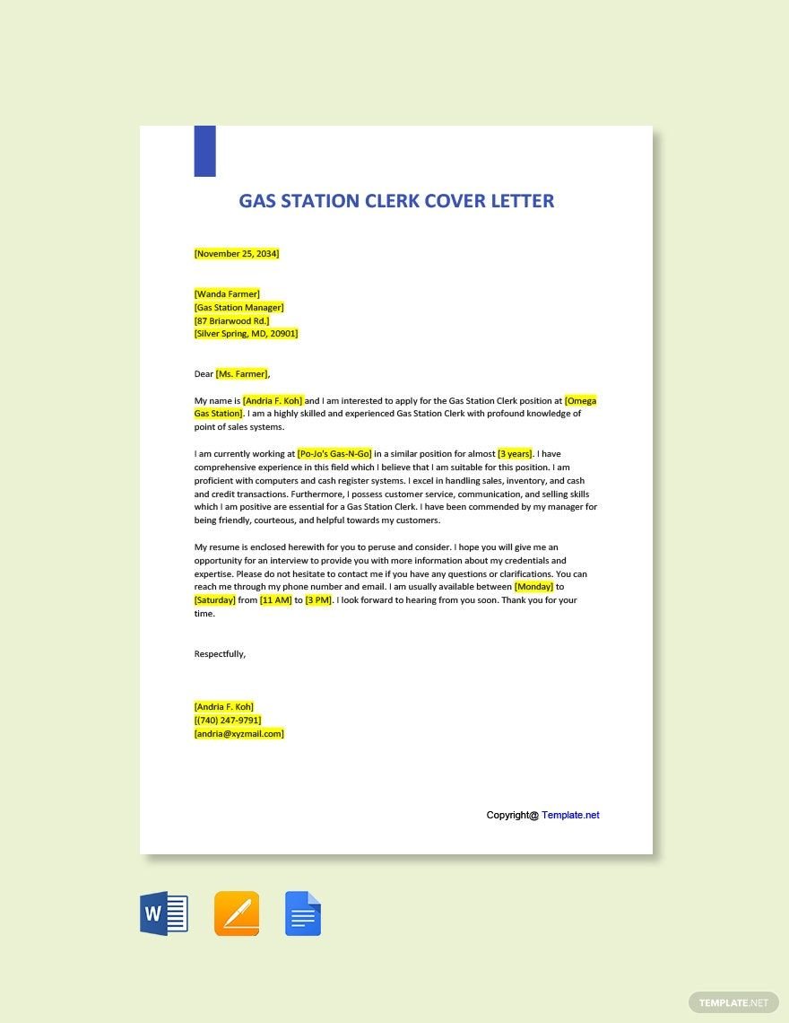 Gas Station Clerk Cover Letter Template