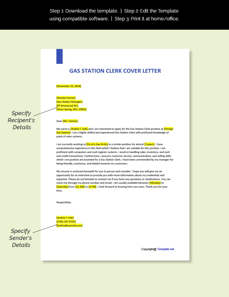 Gas Station Clerk Cover Letter Template