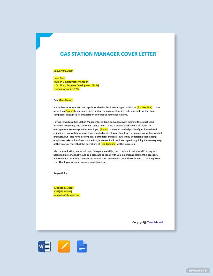 Gas Station Manager Cover Letter Template in Google Docs, Word, Pages, PDF - Download | Template.net