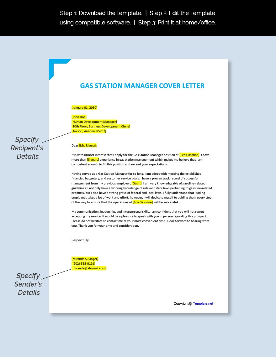 Gas Station Manager Cover Letter Template