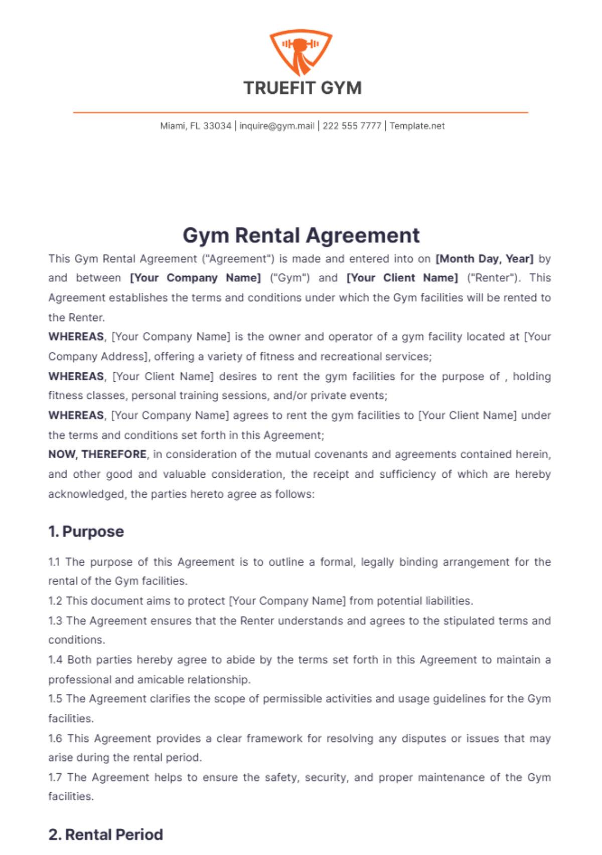 Gym Rental Agreement Template - Edit Online & Download