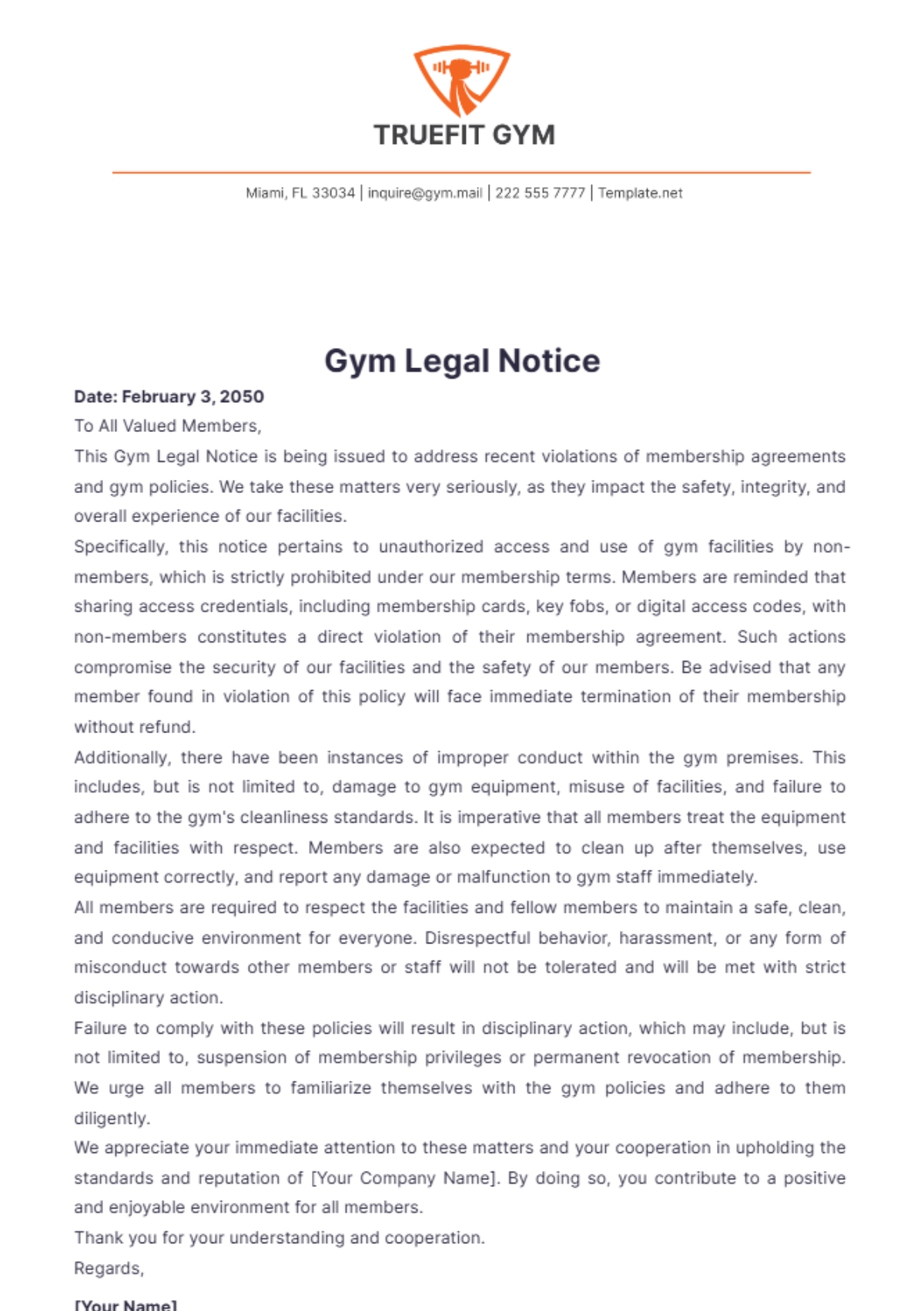 Gym Legal Notice Template - Edit Online & Download