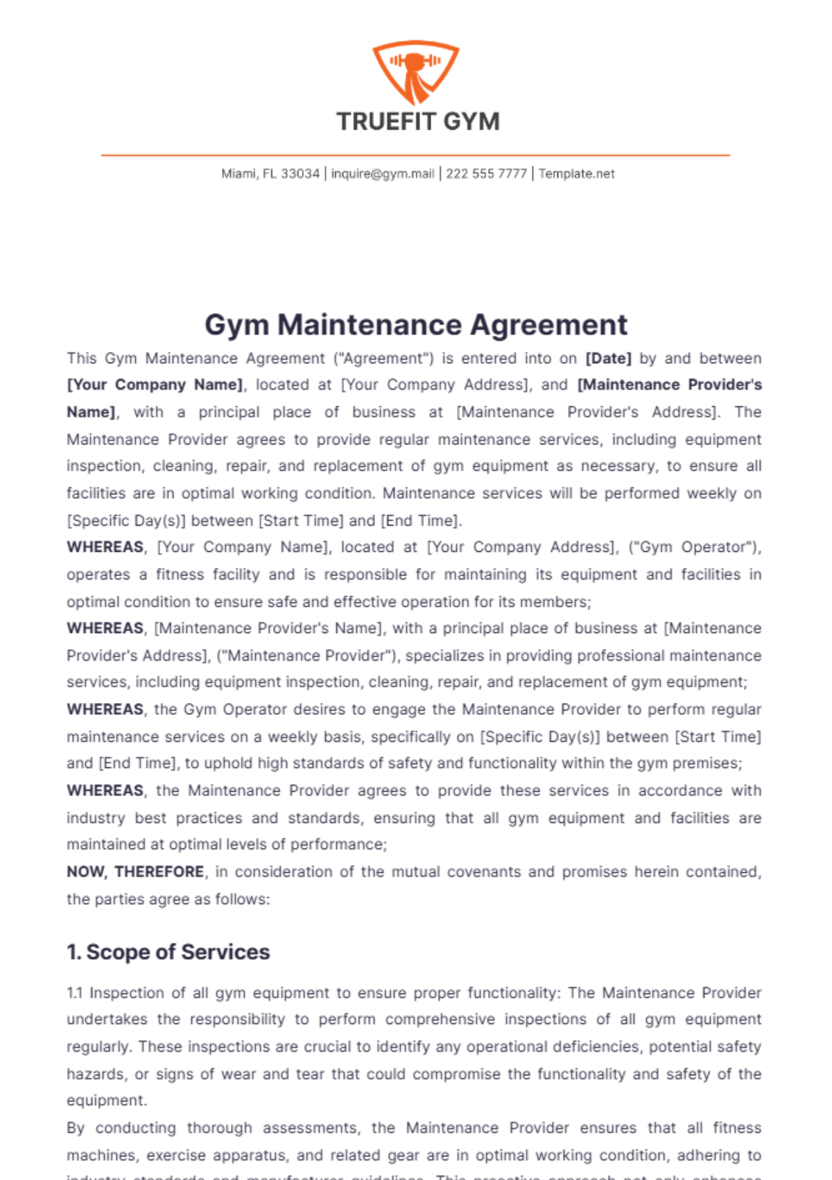 Gym Maintenance Agreement Template - Edit Online & Download