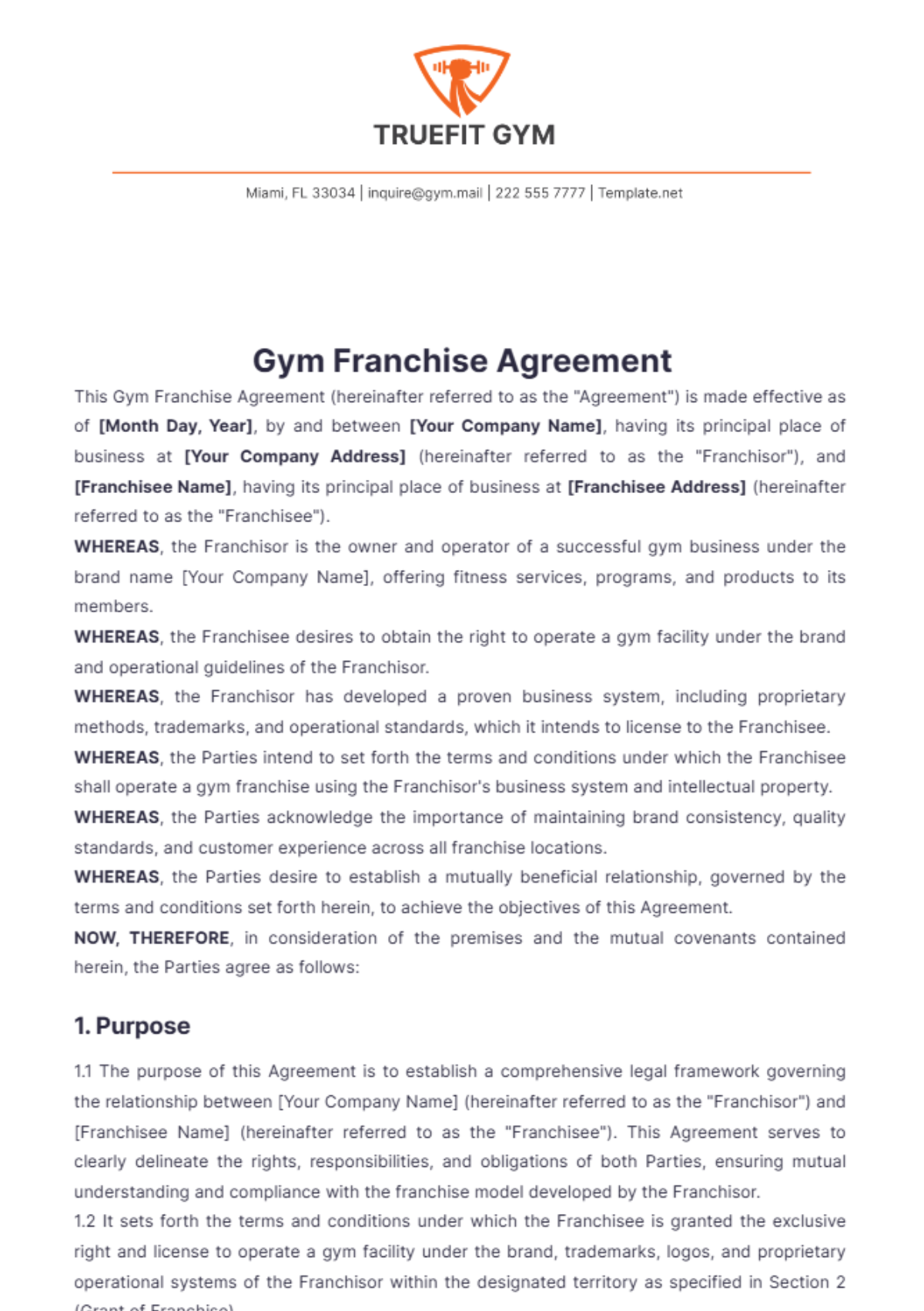 Gym Franchise Agreement Template - Edit Online & Download