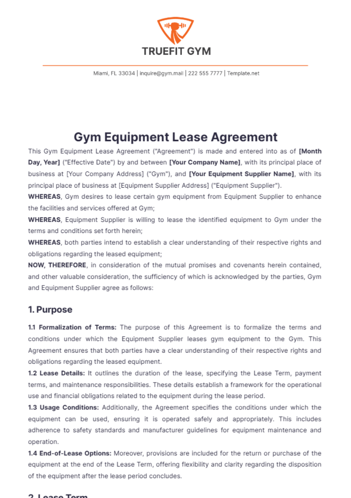 Gym Equipment Lease Agreement Template - Edit Online & Download