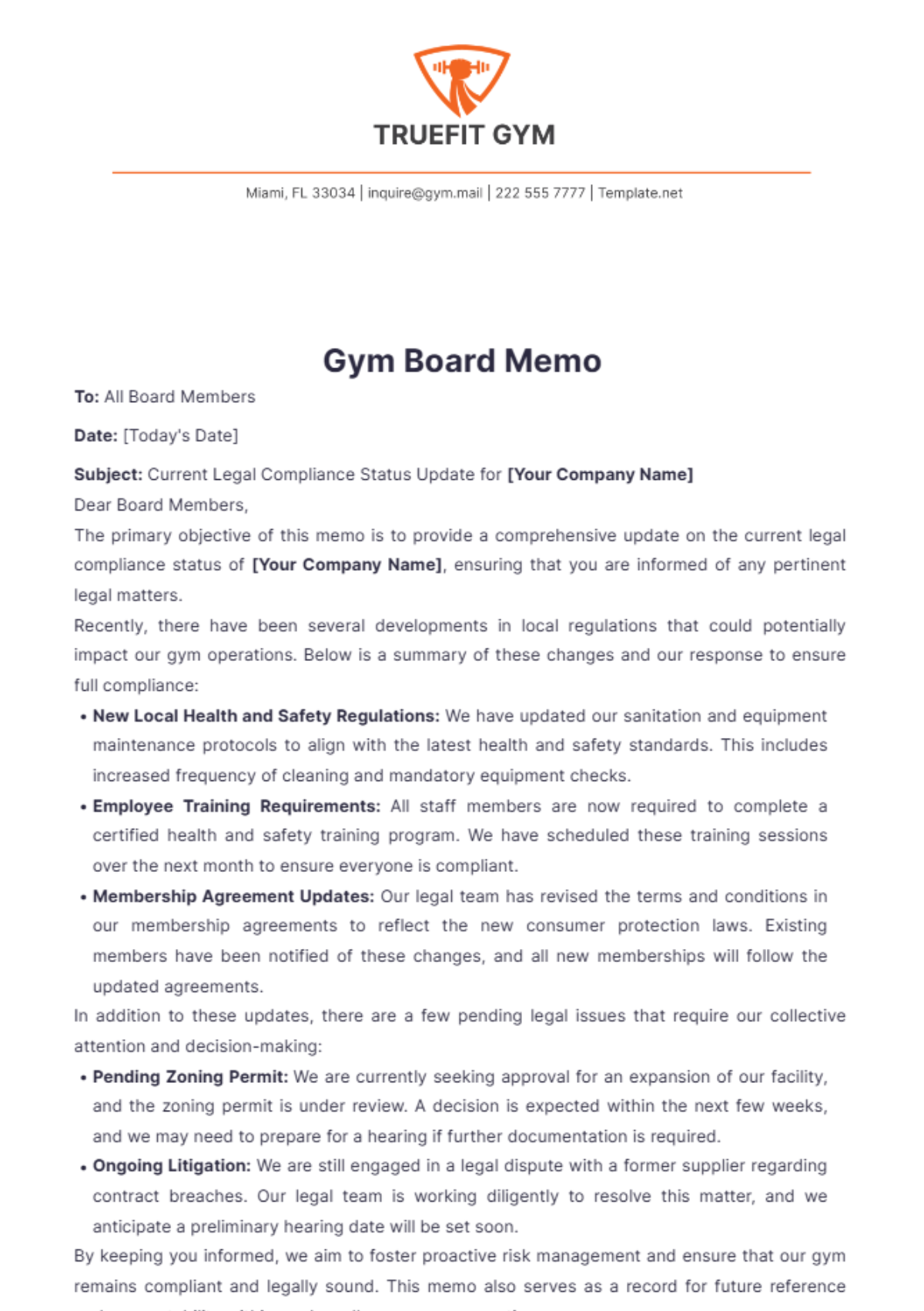 Gym Board Memo Template - Edit Online & Download