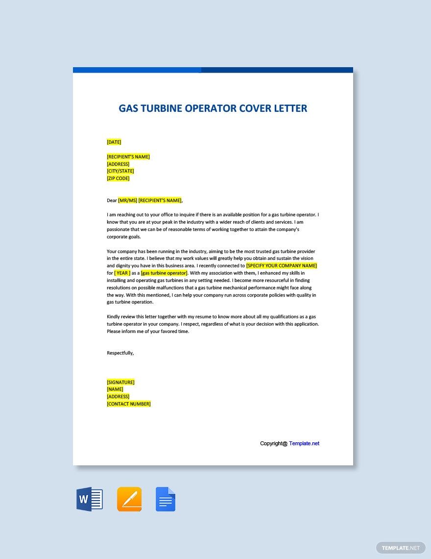 Free Gas Turbine Operator Cover Letter Template in Word, Google Docs, PDF, Apple Pages