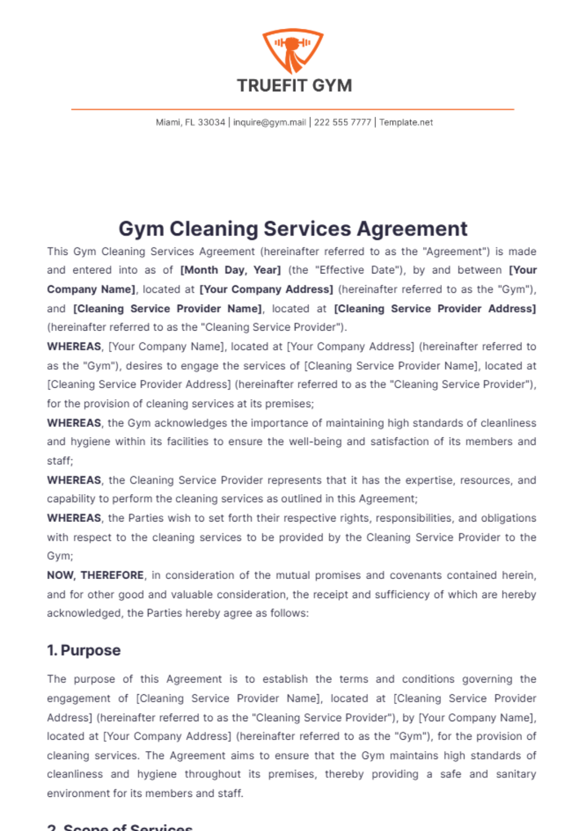 Gym Cleaning Services Agreement Template - Edit Online & Download