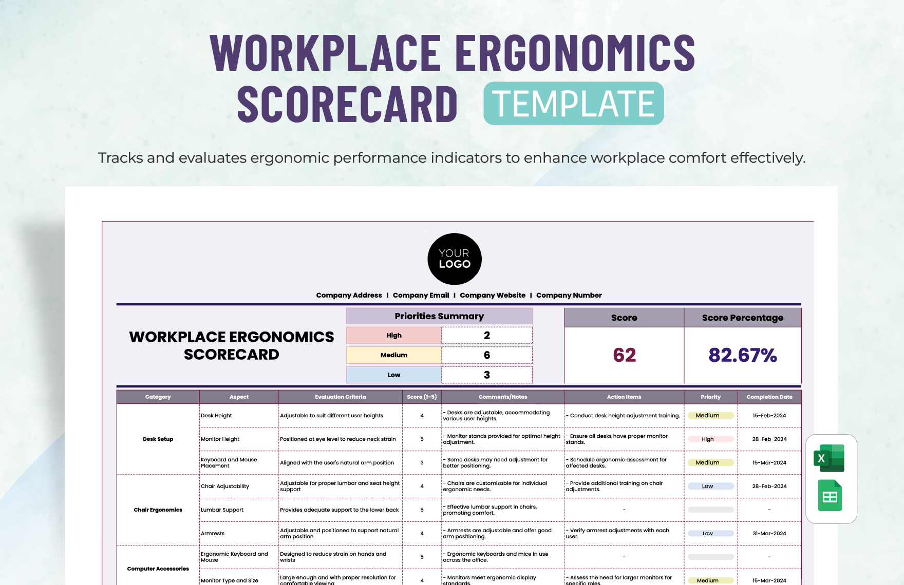 Workplace Ergonomics Scorecard Template in Excel, Google Sheets