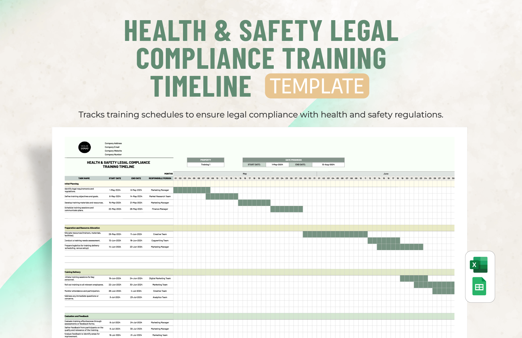 Health & Safety Legal Compliance Training Timeline Template in Excel, Google Sheets